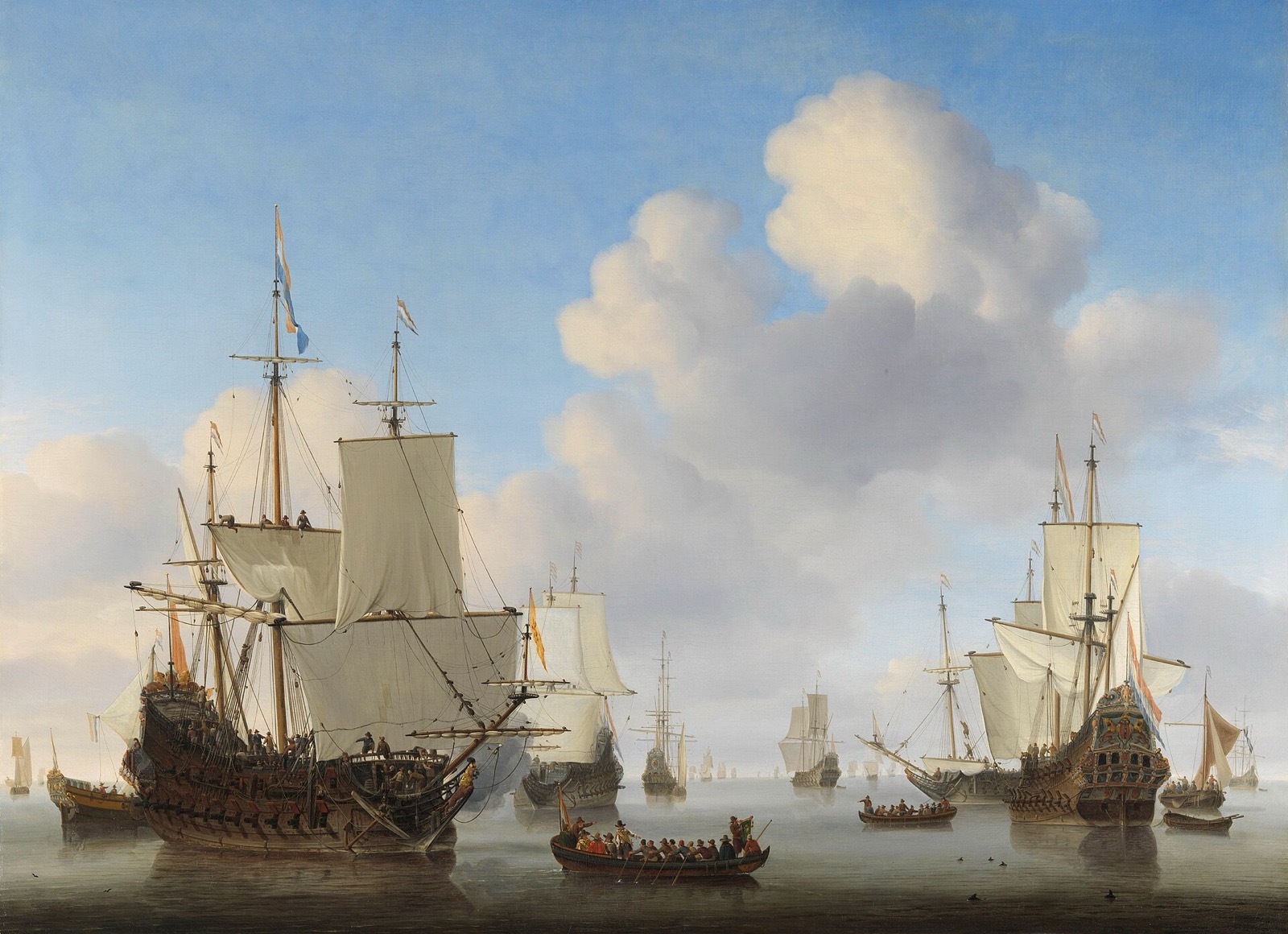 Dutch warships and merchant shipping in a calm, by Willem van de Velde the Younger