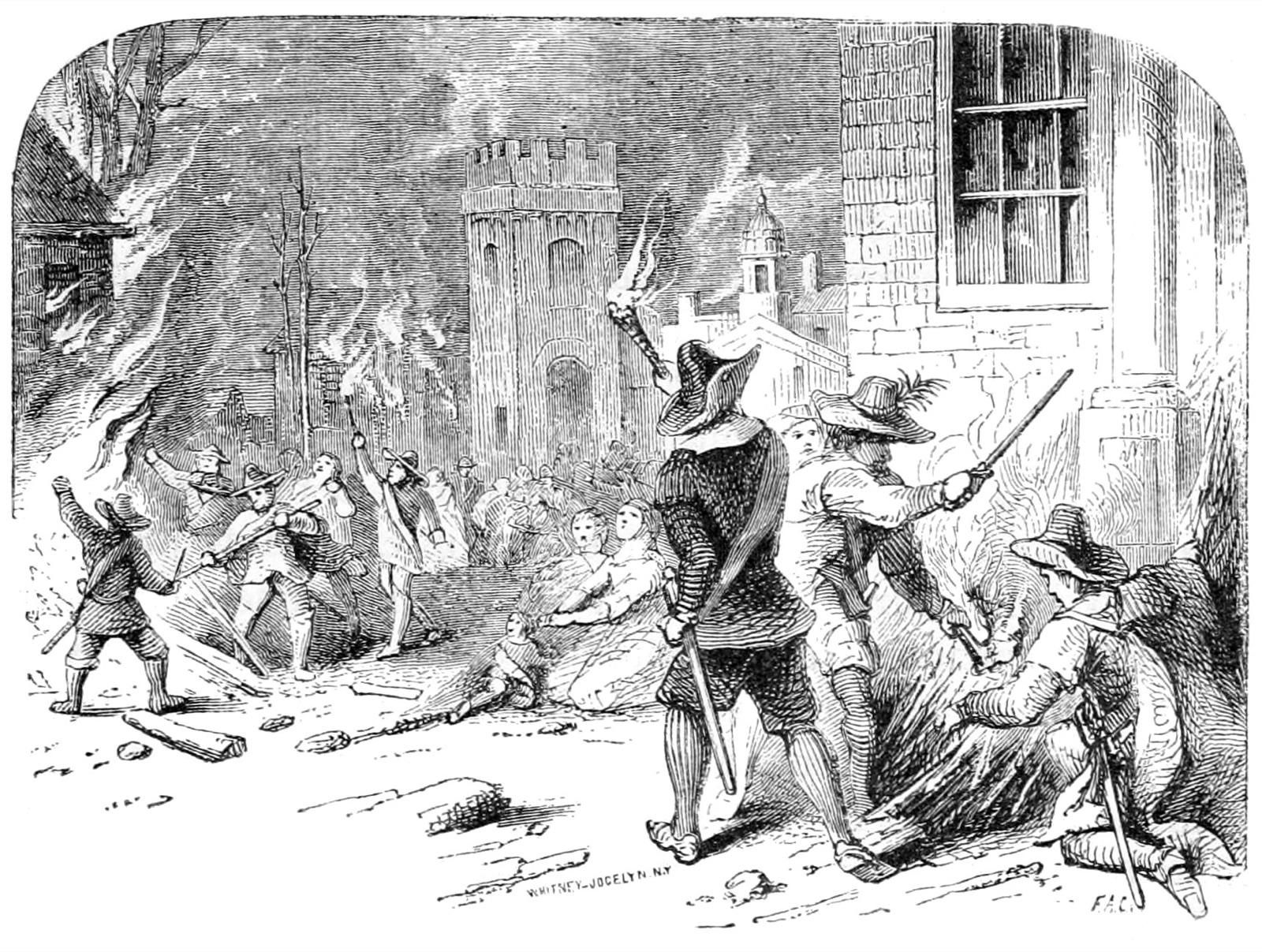 The Burning of Jamestown, an engraving of 1857 showing Nathaniel Bacon's forces setting the capital alight in 1676
