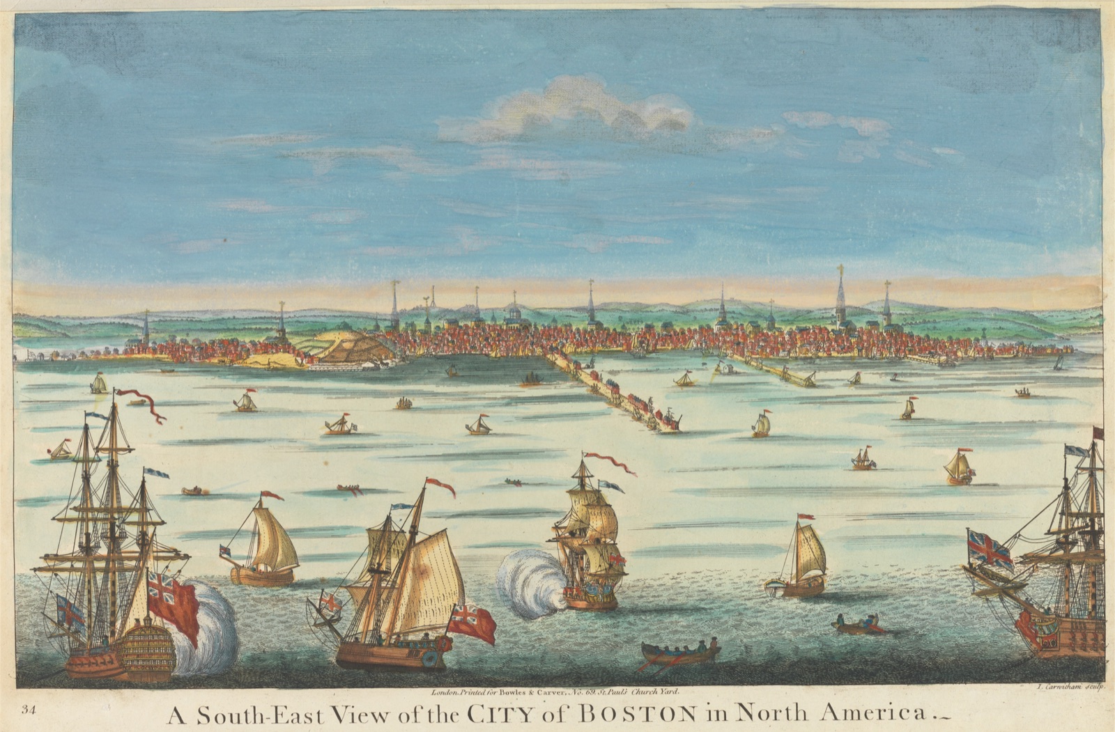 A South-East View of the City of Boston in North America, engraved by John Carwitham around 1731
