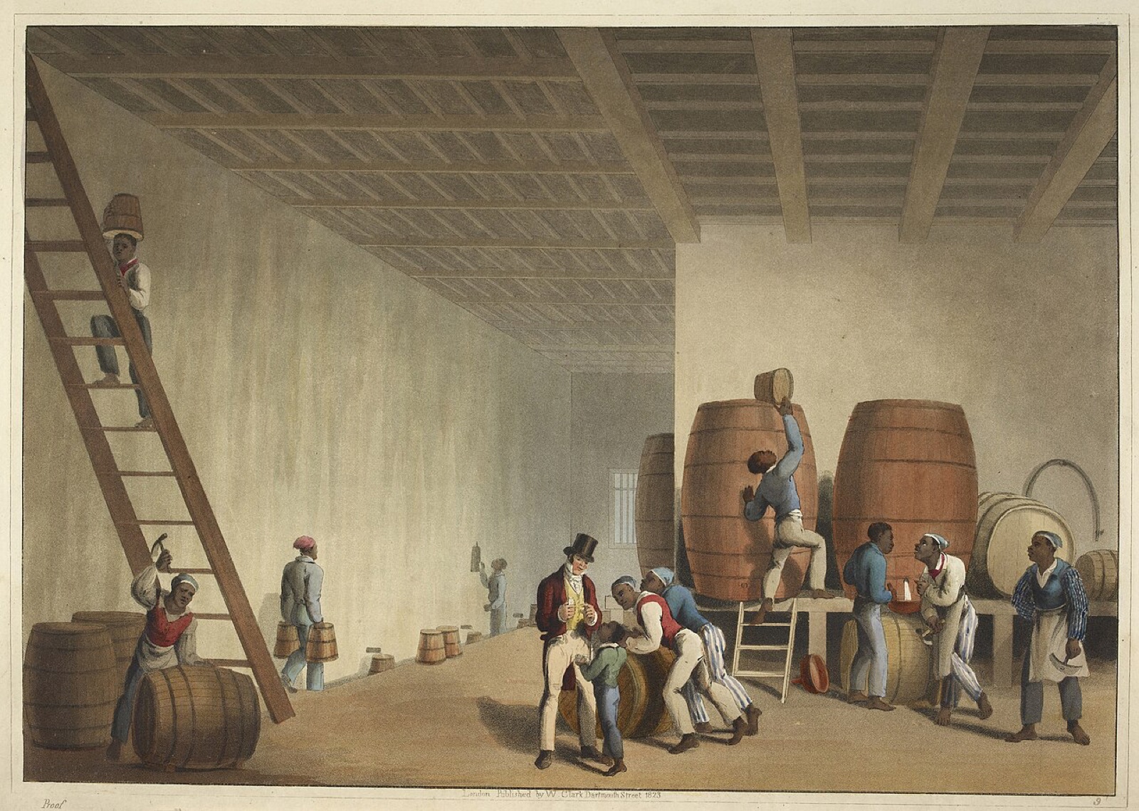 Enslaved workers loading rum barrels in a distillery on Antigua, from William Clark's Ten Views in the Island of Antigua, 1823
