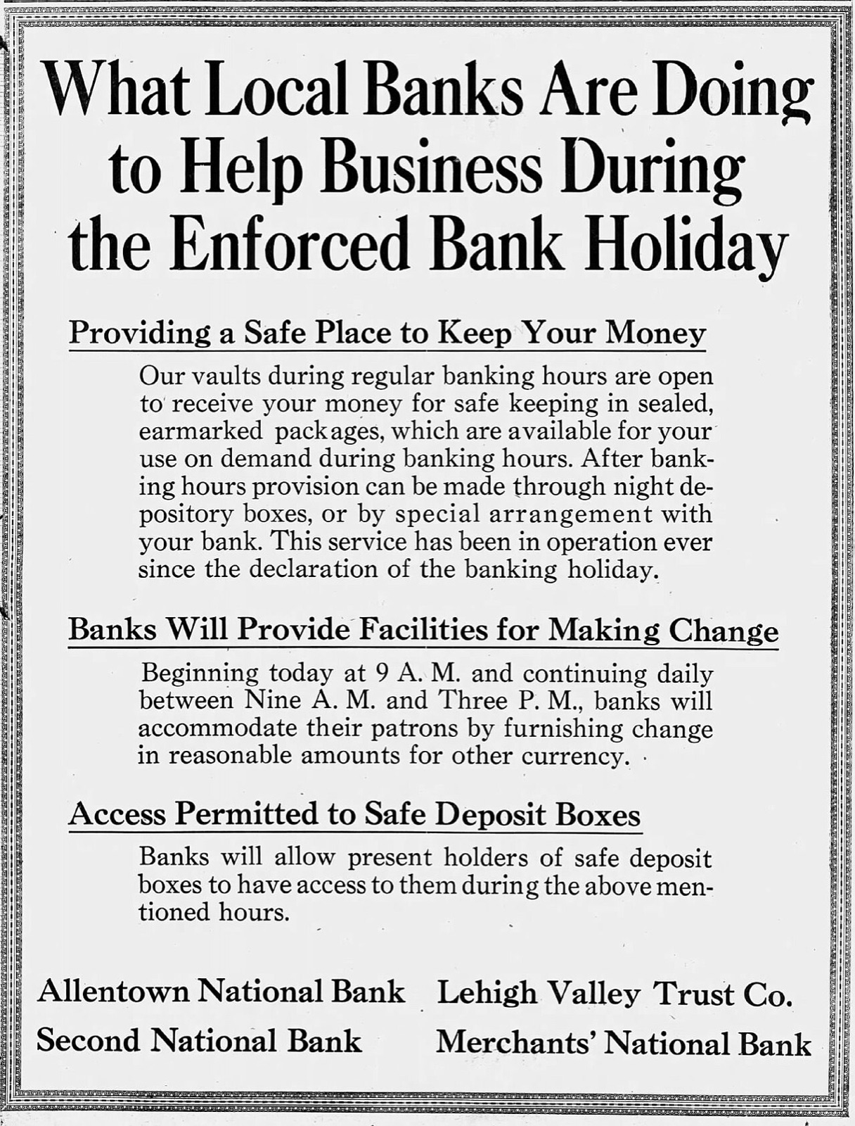 A local newspaper notice of the national bank holiday, Allentown, Pennsylvania, March 1933