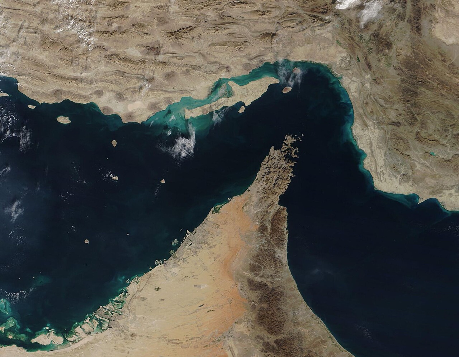 The Strait of Hormuz between Iran and Oman, seen from NASA's Terra satellite